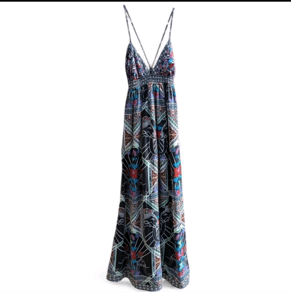 Vintage Y2K Maxi Dress Sz Small Festival Tribal Fire Los Angeles Psychedelic